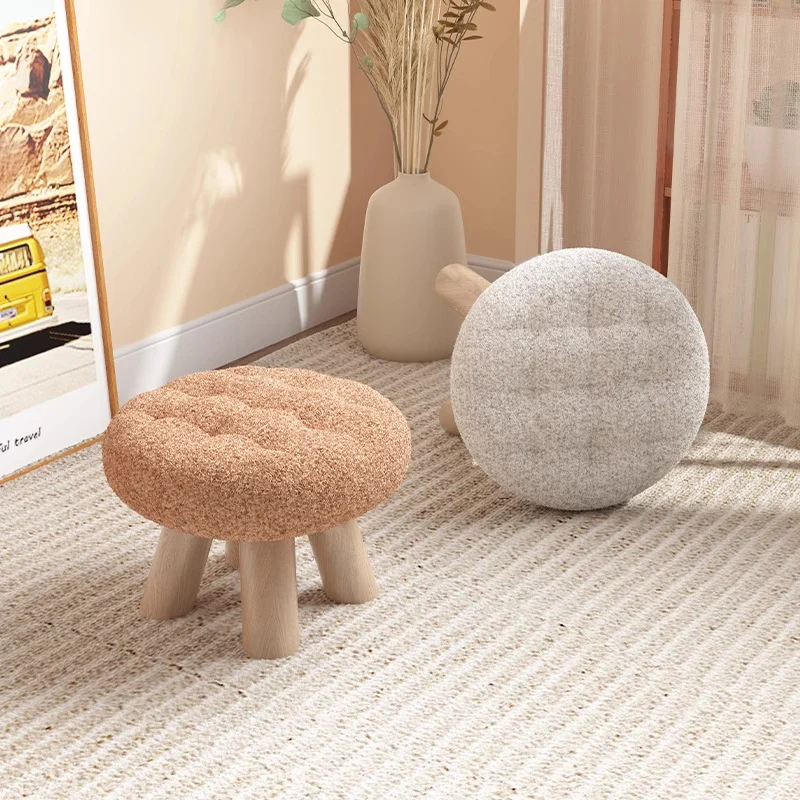 Contemporary Scandinavian Sherpa Fabric Pine Wood Round Cookie Low Stool With Stackable Design For Living Room