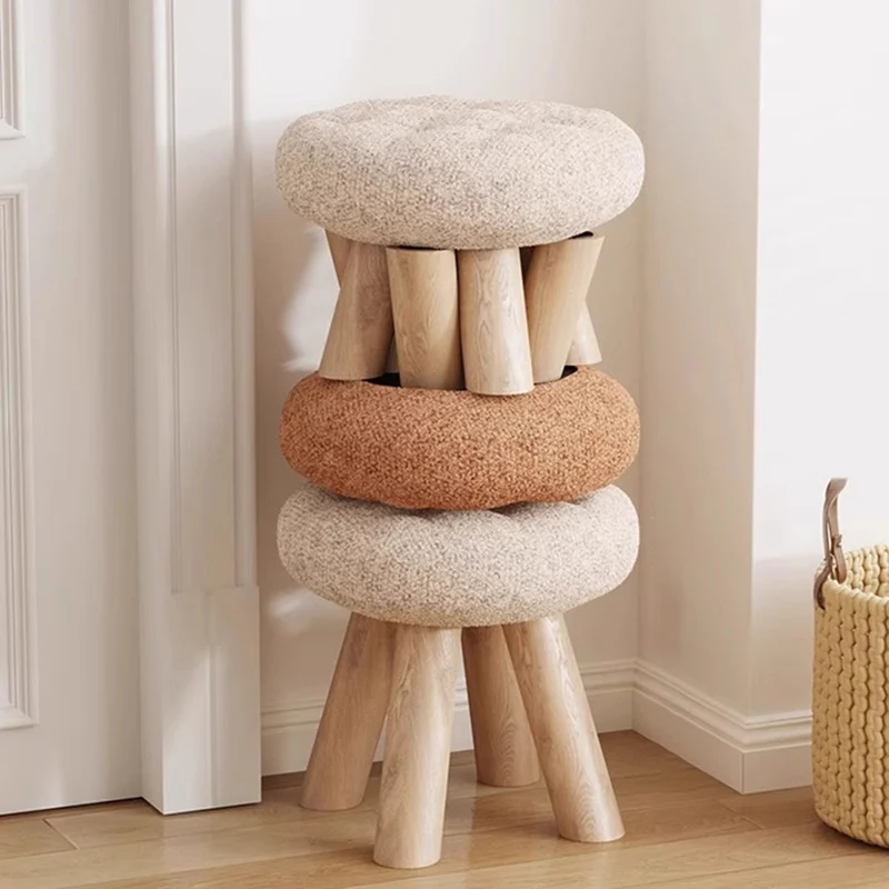 Contemporary Scandinavian Sherpa Fabric Pine Wood Round Cookie Low Stool With Stackable Design For Living Room