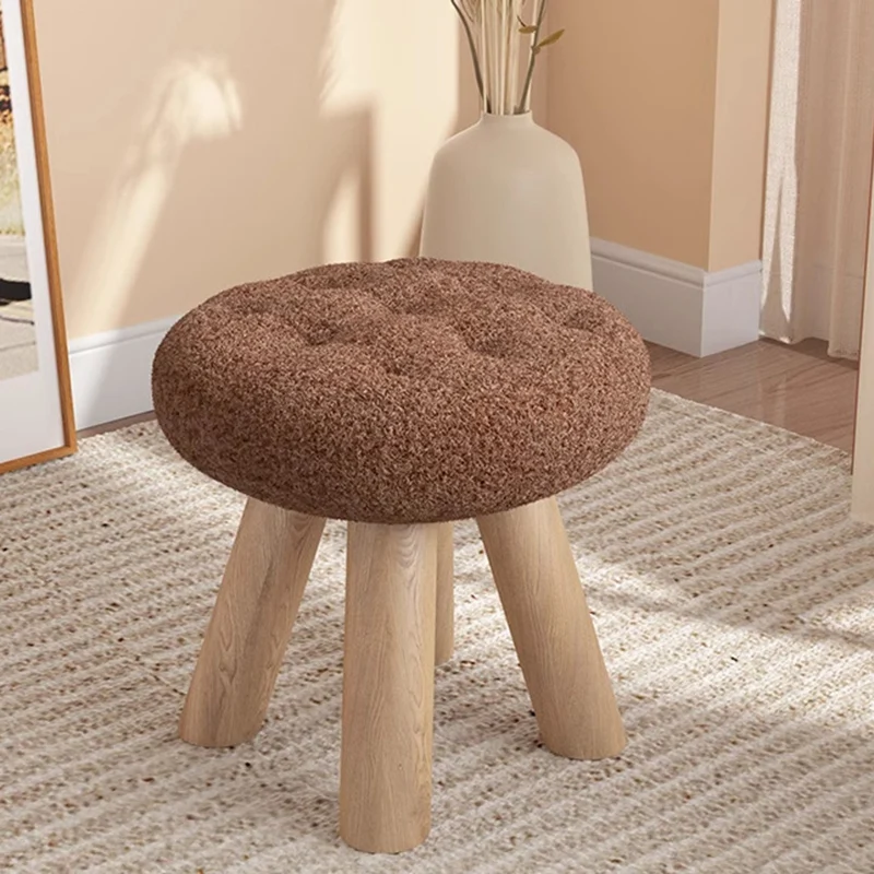 Contemporary Scandinavian Sherpa Fabric Pine Wood Round Cookie Low Stool With Stackable Design For Living Room