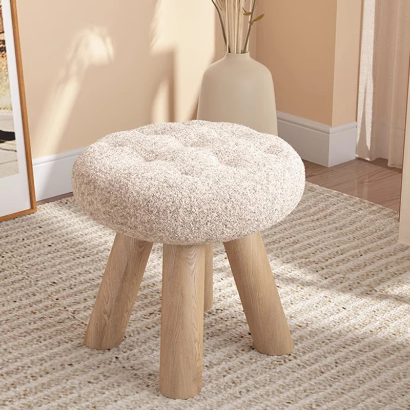 Contemporary Scandinavian Sherpa Fabric Pine Wood Round Cookie Low Stool With Stackable Design For Living Room