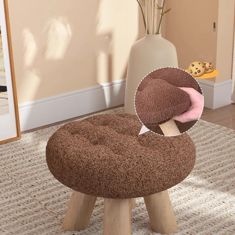 Contemporary Scandinavian Sherpa Fabric Pine Wood Round Cookie Low Stool With Stackable Design For Living Room