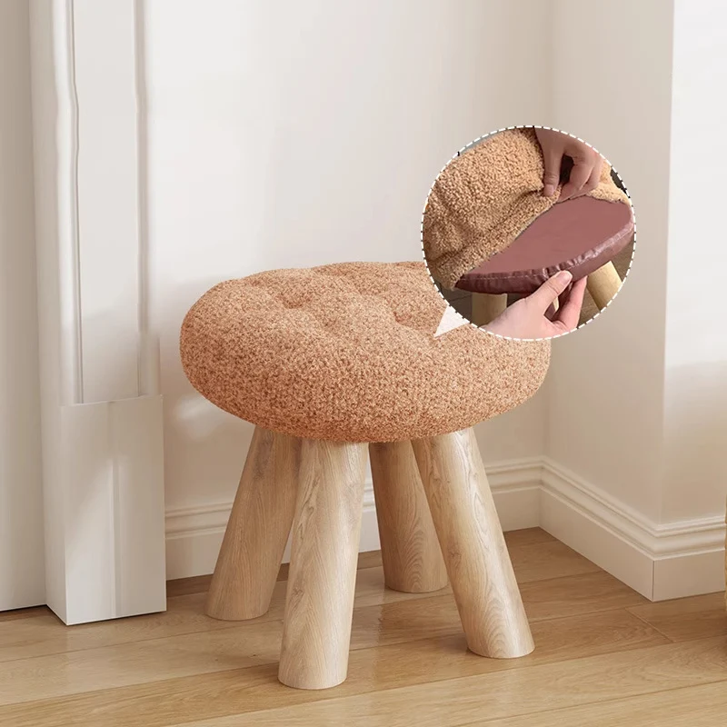 Contemporary Scandinavian Sherpa Fabric Pine Wood Round Cookie Low Stool With Stackable Design For Living Room