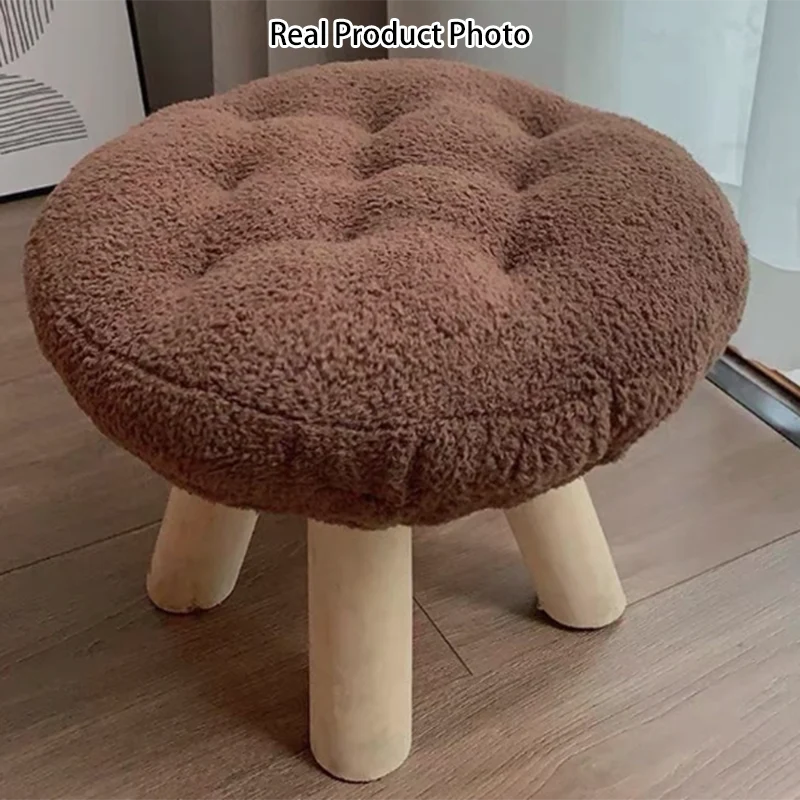 Contemporary Scandinavian Sherpa Fabric Pine Wood Round Cookie Low Stool With Stackable Design For Living Room