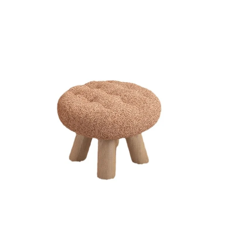 Contemporary Scandinavian Sherpa Fabric Pine Wood Round Cookie Low Stool With Stackable Design For Living Room