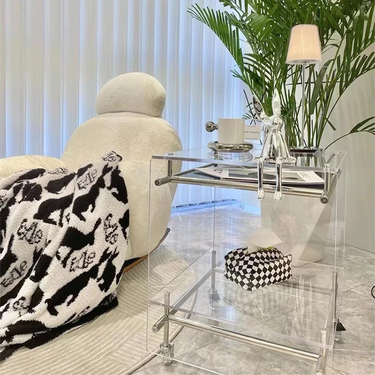 Modern Minimalist Acrylic & Stainless Steel Rectangular End Table With 2-Tier For Living Room