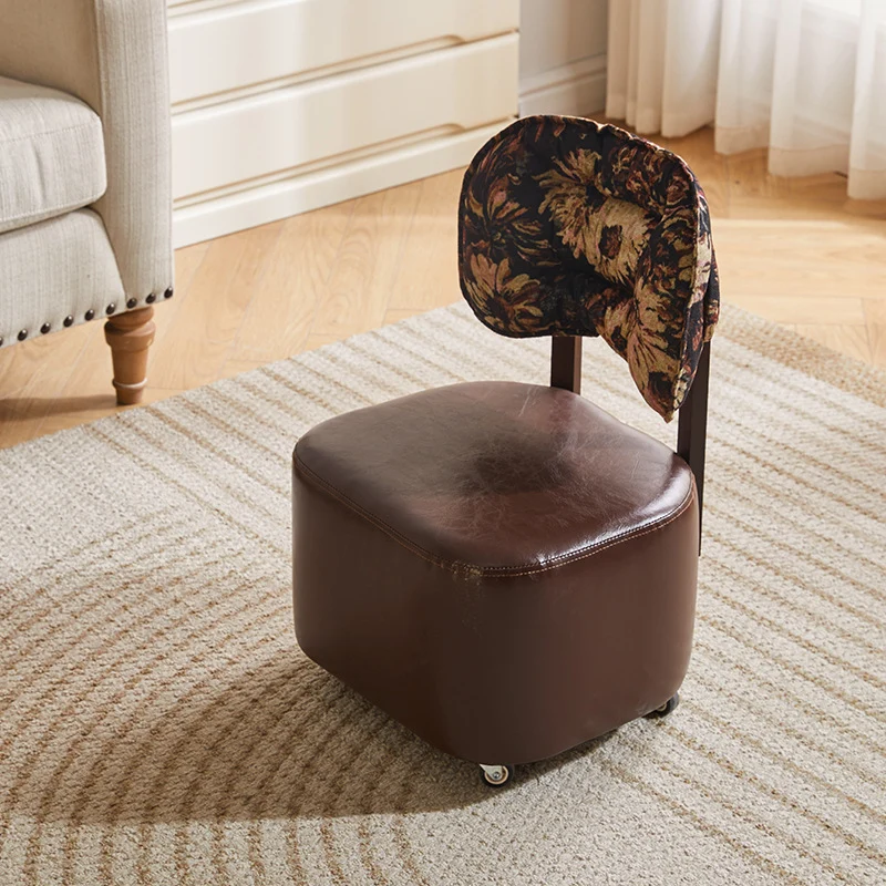 Modern Mid-Century Faux Oil Wax Leather & Linen Metal Rounded Square Low Stool With Backrest And Mobility For Living Room