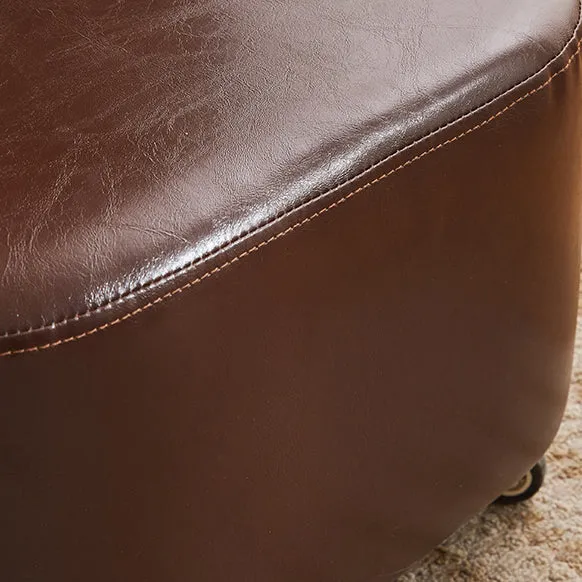 Modern Mid-Century Faux Oil Wax Leather & Linen Metal Rounded Square Low Stool With Backrest And Mobility For Living Room