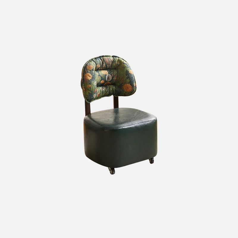 Modern Mid-Century Faux Oil Wax Leather & Linen Metal Rounded Square Low Stool With Backrest And Mobility For Living Room