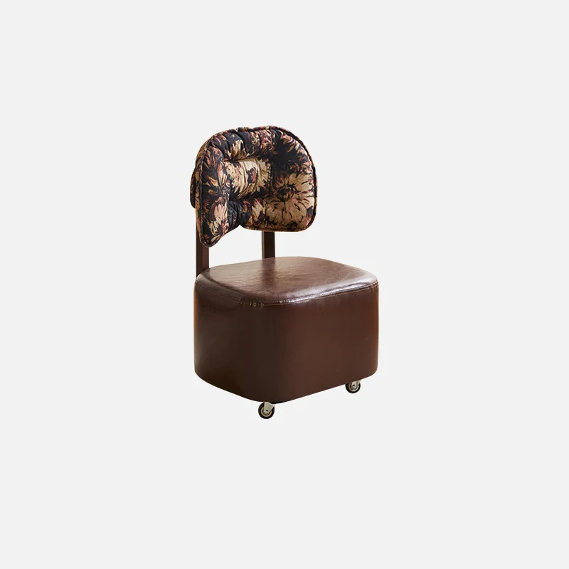 Modern Mid-Century Faux Oil Wax Leather & Linen Metal Rounded Square Low Stool With Backrest And Mobility For Living Room
