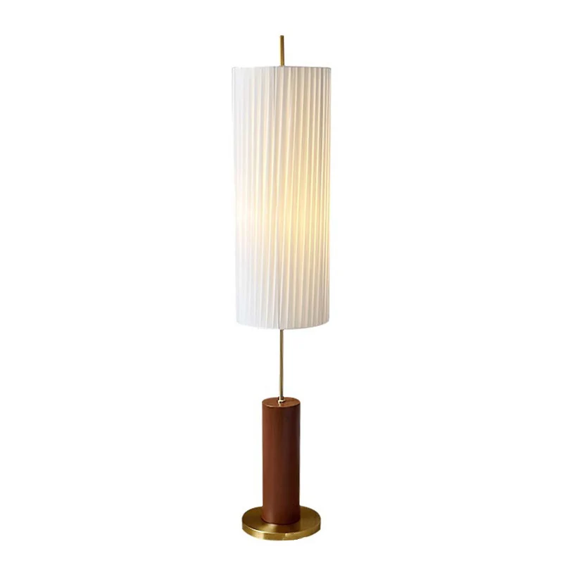 Traditional Japanese Iron Fabric Cylinder Pleated 1-Light Standing Floor Lamp For Living Room