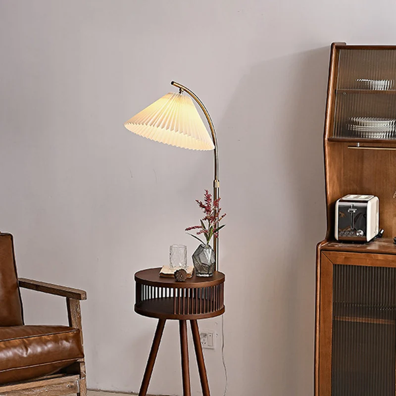 Traditional Japanese Fabric Wood Conic Pleated Round Shelf 1-Light Standing Floor Lamp For Living Room