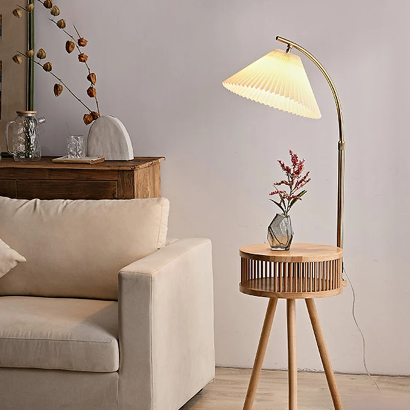 Traditional Japanese Fabric Wood Conic Pleated Round Shelf 1-Light Standing Floor Lamp For Living Room