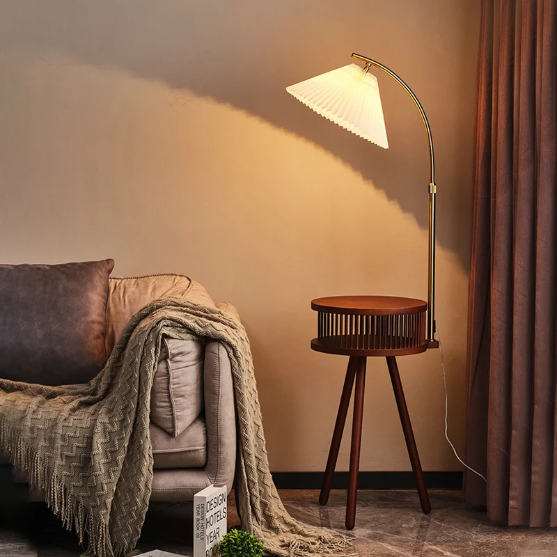 Traditional Japanese Fabric Wood Conic Pleated Round Shelf 1-Light Standing Floor Lamp For Living Room