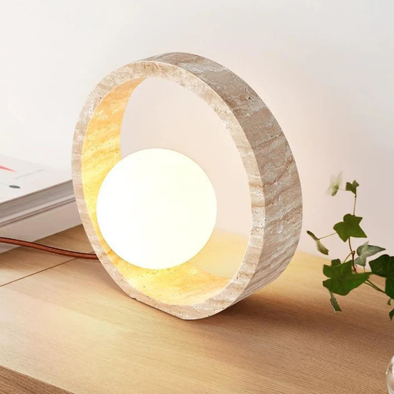 Traditional Vintage Circle Ring Yellow Travertine 1-Light Table Lamp For Bedroom