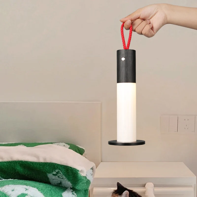 Modern Minimalist Portable Carrying Cord Cylinder Aluminum Acrylic LED Table Lamp For Bedroom