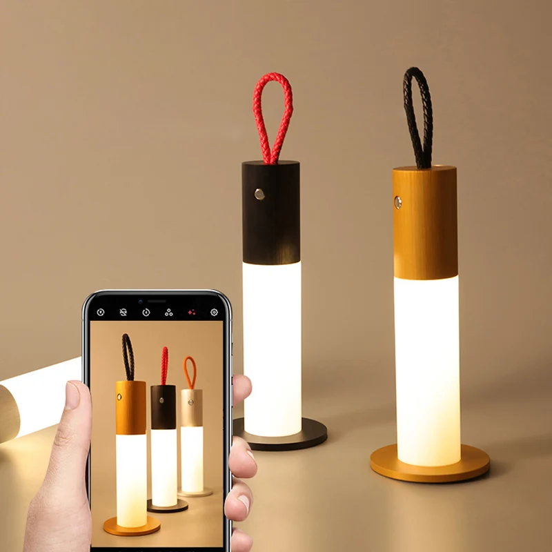Modern Minimalist Portable Carrying Cord Cylinder Aluminum Acrylic LED Table Lamp For Bedroom