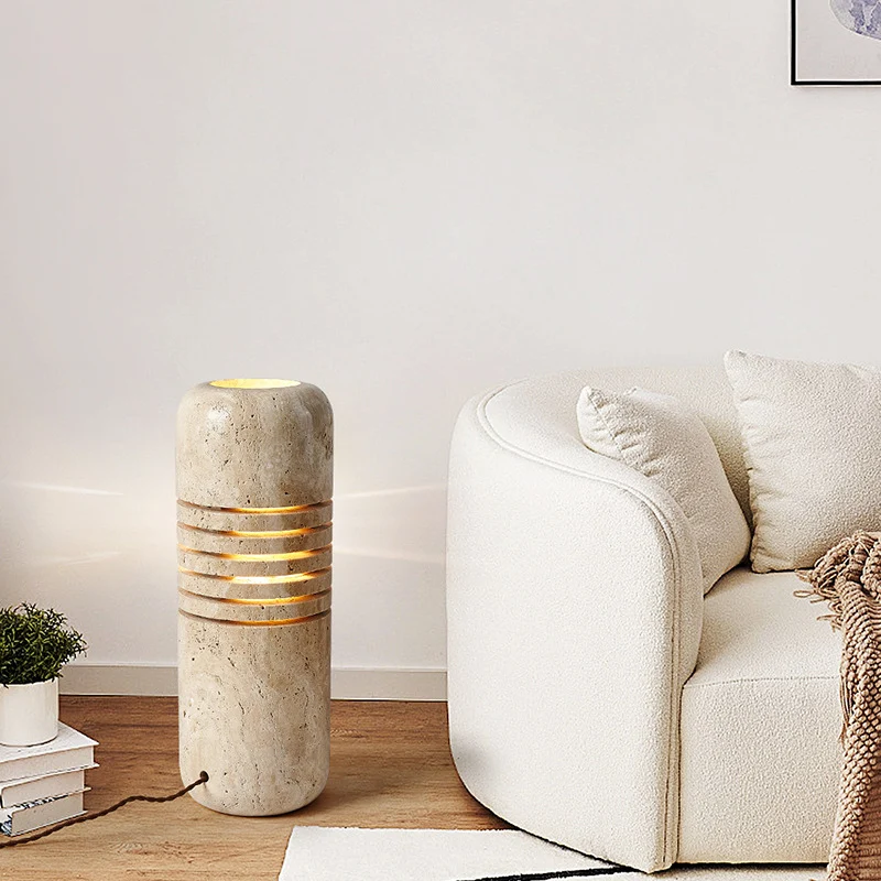 Traditional Japanese Travertine Handmade Cylinder Skeleton Stripe 1-Light Standing Floor Lamp For Living Room