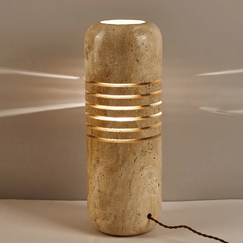 Traditional Japanese Travertine Handmade Cylinder Skeleton Stripe 1-Light Standing Floor Lamp For Living Room
