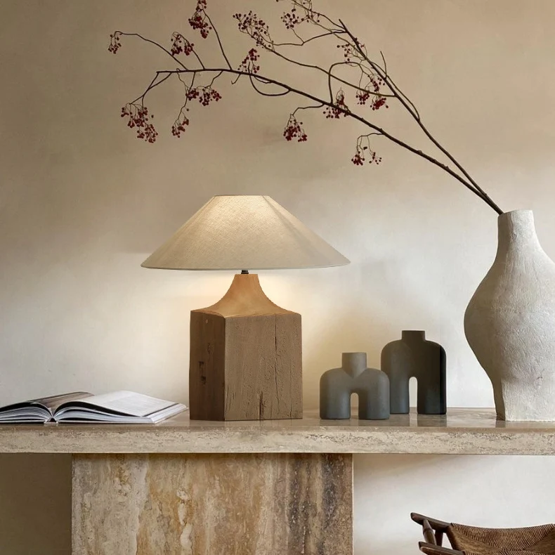 Contemporary Retro Wood Linen Cone Cylinder 1-Light Table Lamp For Study