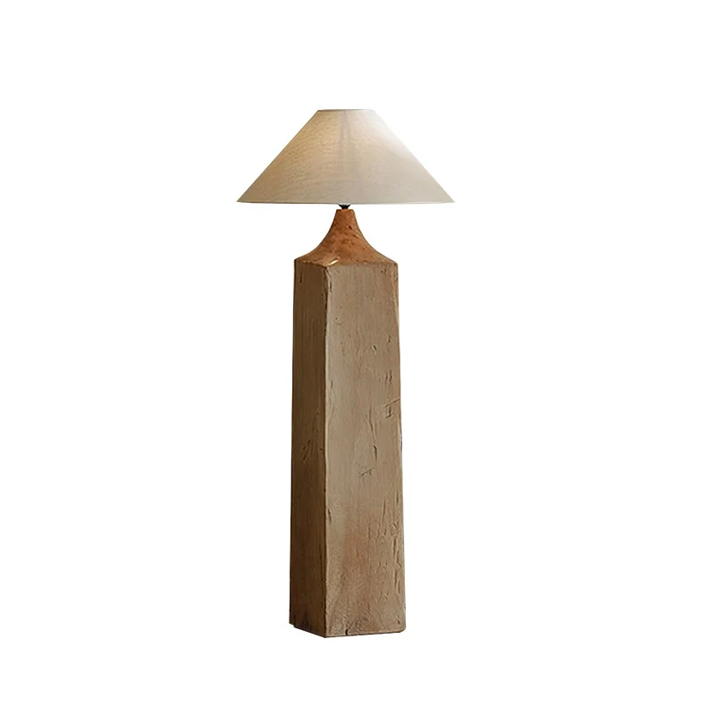Contemporary Retro Wood Linen Cone Cylinder 1-Light Standing Floor Lamp For Living Room