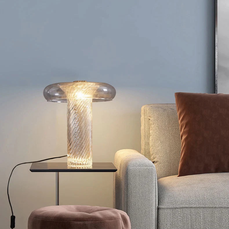 Contemporary Scandinavian Cylinder Circle Curved Stripe Iron Glass LED Table Lamp For Bedroom