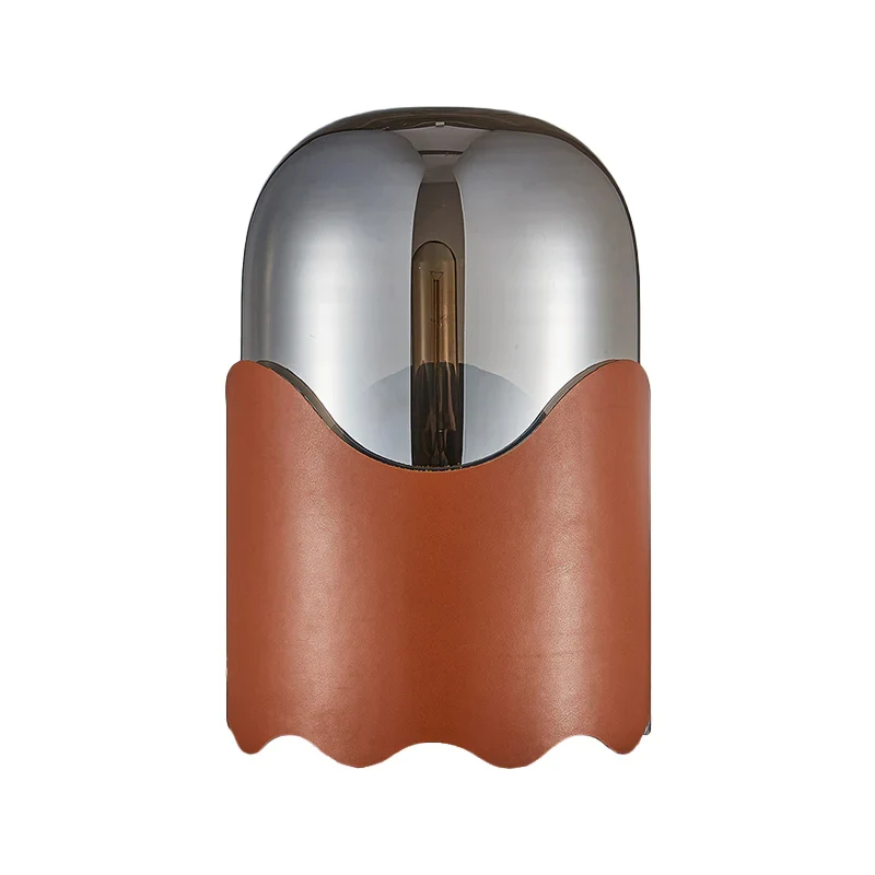 Contemporary Nordic Faux Leather Cylindrical Glass Shade 1-Light Table Lamp For Bedroom