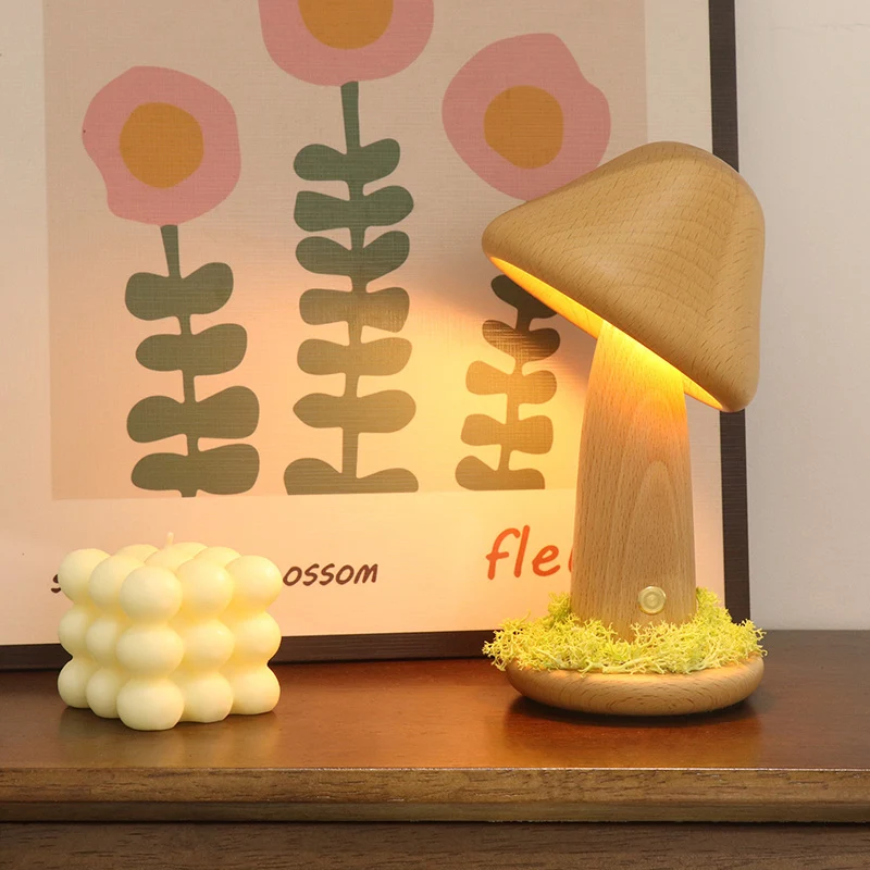 Modern Art Deco Mushroom Round Beech Wood LED Table Lamp For Bedroom