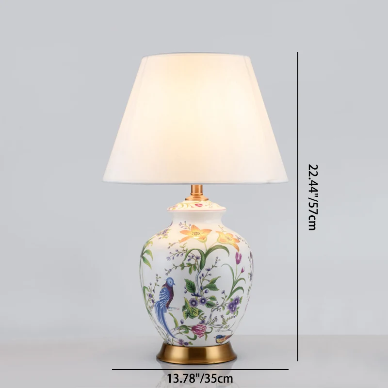 Traditional Chinese Oval Round Table Flower Bird Ceramic Iron Fabric 1-Light Table Lamp For Bedroom