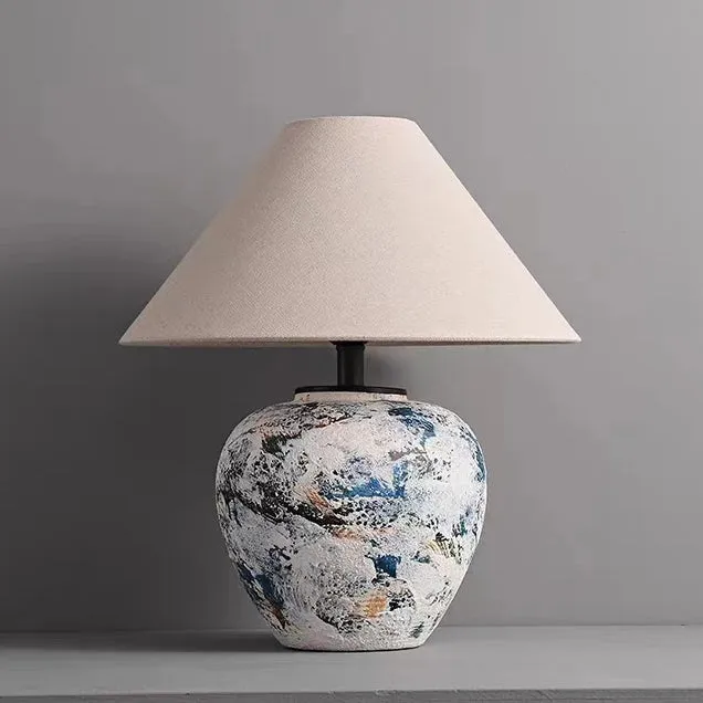 Traditional Japanese Fabric Tapered Shade Handmade Ceramic Jar 1-Light Table Lamp For Bedroom