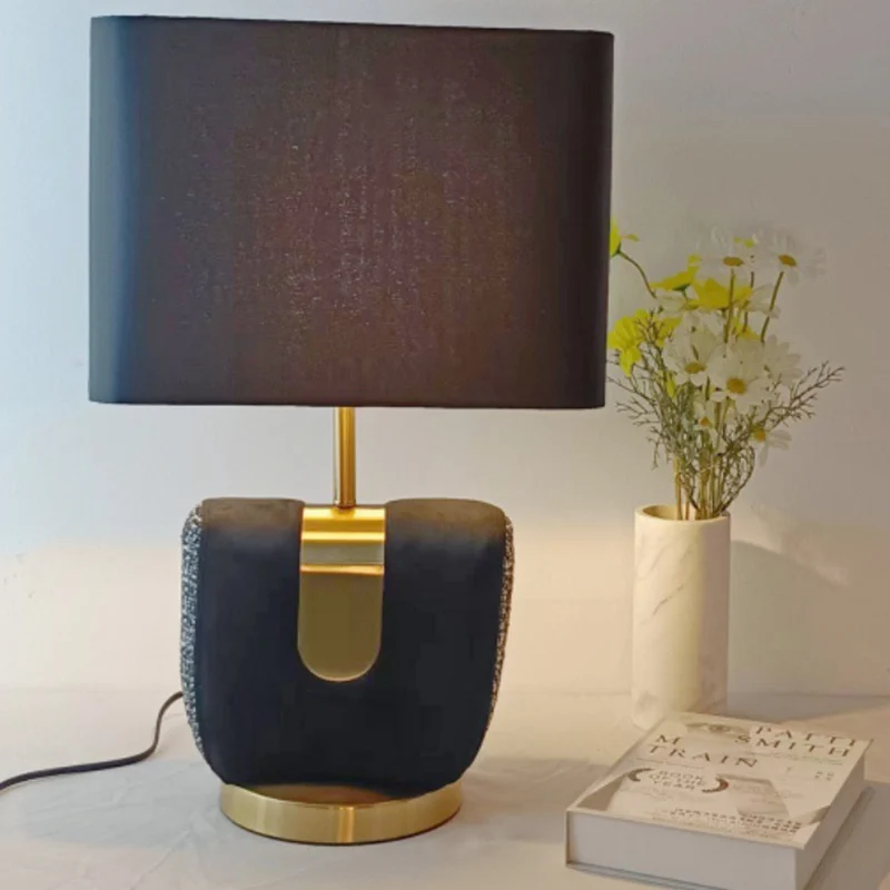 Modern Eclectic Fabric Square Shade Leather Iron 1-Light Table Lamp For Bedroom