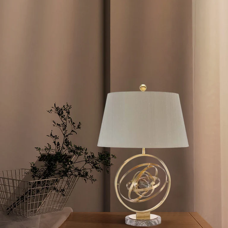 Contemporary Creative Fabric Marble Metal Fan Round Ring 1-Light Table Lamp For Bedroom & Living Room
