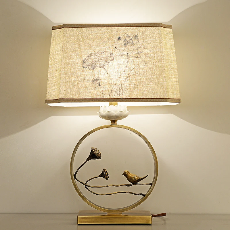Traditional Chinese Antique Brass Fabric Bird Lotus 1-Light Table Lamp For Bedroom & Living Room
