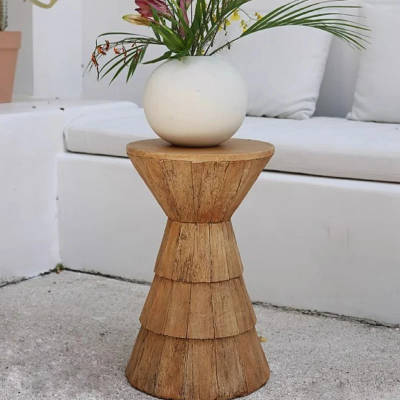 Traditional Farmhouse Magnesium Oxide Round Stump Side Table With Wood Grain Texture For Living Room And Bedroom