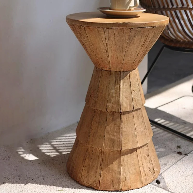 Traditional Farmhouse Magnesium Oxide Round Stump Side Table With Wood Grain Texture For Living Room And Bedroom