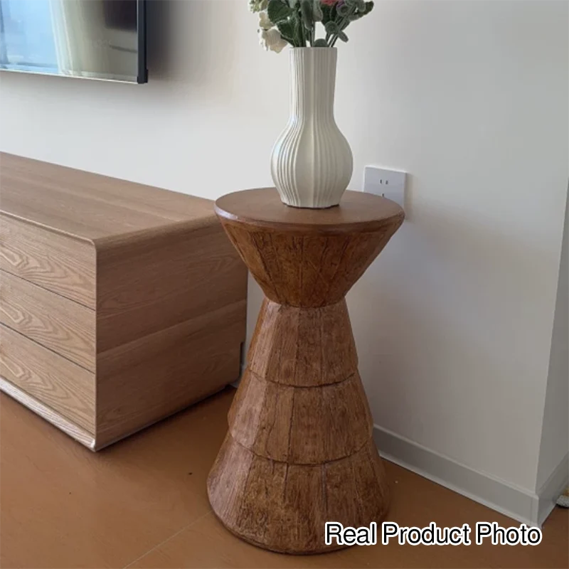 Traditional Farmhouse Magnesium Oxide Round Stump Side Table With Wood Grain Texture For Living Room And Bedroom