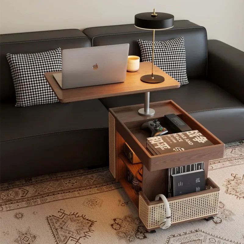 Contemporary Retro Eco-Friendly Engineered Wood PE Rattan Glass Bus-Shaped Rectangular Side Table With 5 Storage Cabinets And Lift-Top Design For Living Room And Bedroom
