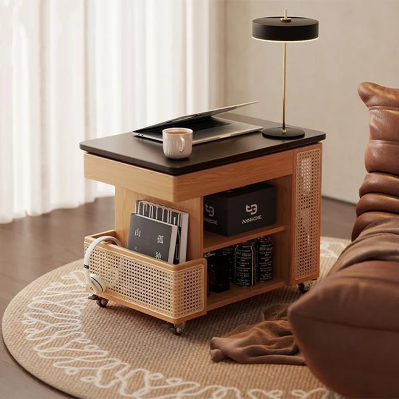 Contemporary Retro Eco-Friendly Engineered Wood PE Rattan Glass Bus-Shaped Rectangular Side Table With 5 Storage Cabinets And Lift-Top Design For Living Room And Bedroom