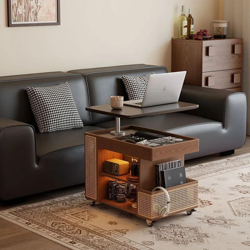 Contemporary Retro Eco-Friendly Engineered Wood PE Rattan Glass Bus-Shaped Rectangular Side Table With 5 Storage Cabinets And Lift-Top Design For Living Room And Bedroom
