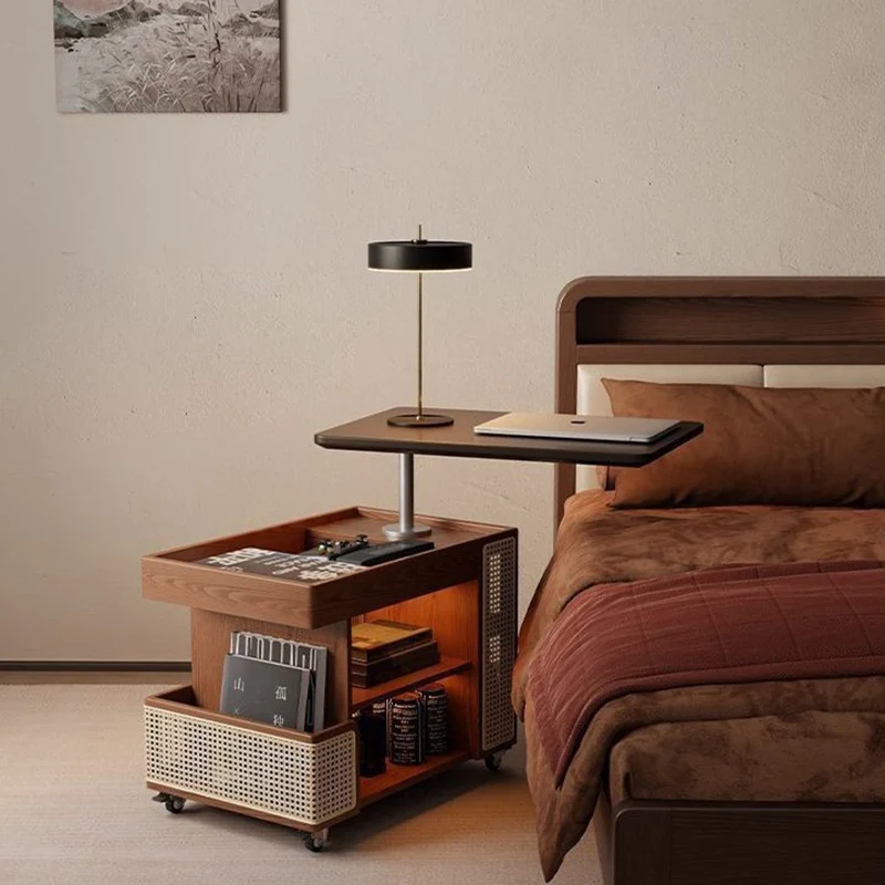 Contemporary Retro Eco-Friendly Engineered Wood PE Rattan Glass Bus-Shaped Rectangular Side Table With 5 Storage Cabinets And Lift-Top Design For Living Room And Bedroom