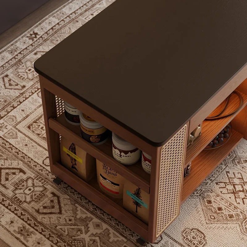 Contemporary Retro Eco-Friendly Engineered Wood PE Rattan Glass Bus-Shaped Rectangular Side Table With 5 Storage Cabinets And Lift-Top Design For Living Room And Bedroom