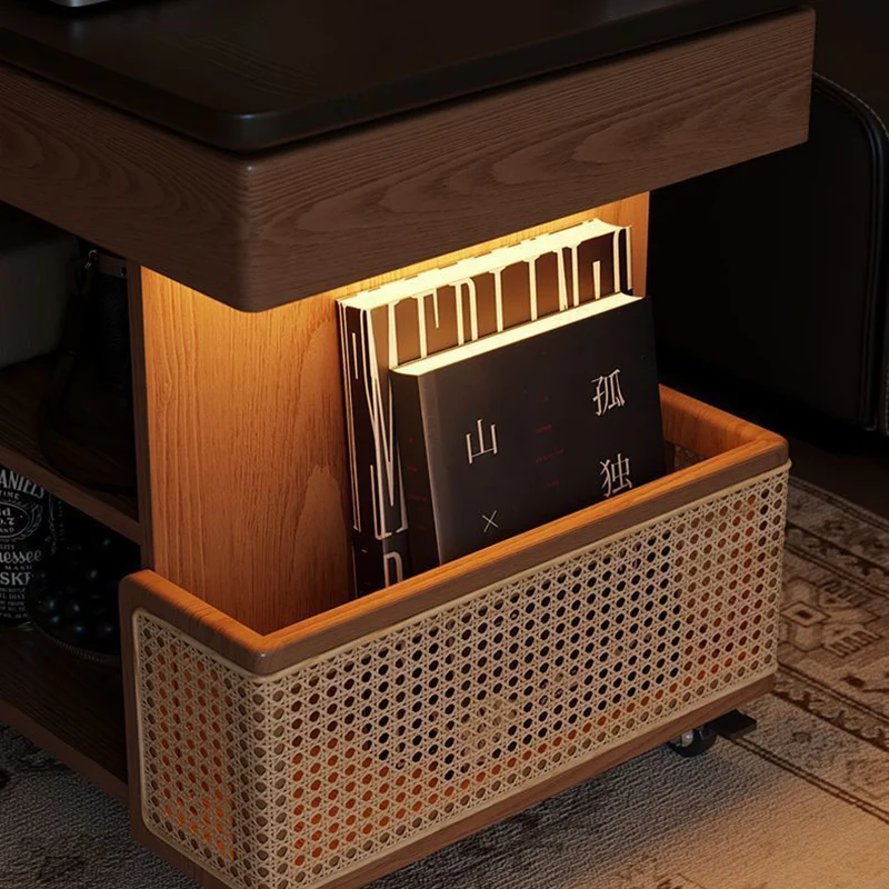Contemporary Retro Eco-Friendly Engineered Wood PE Rattan Glass Bus-Shaped Rectangular Side Table With 5 Storage Cabinets And Lift-Top Design For Living Room And Bedroom
