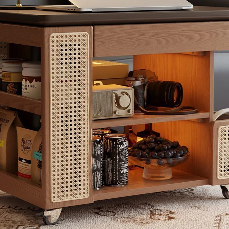 Contemporary Retro Eco-Friendly Engineered Wood PE Rattan Glass Bus-Shaped Rectangular Side Table With 5 Storage Cabinets And Lift-Top Design For Living Room And Bedroom