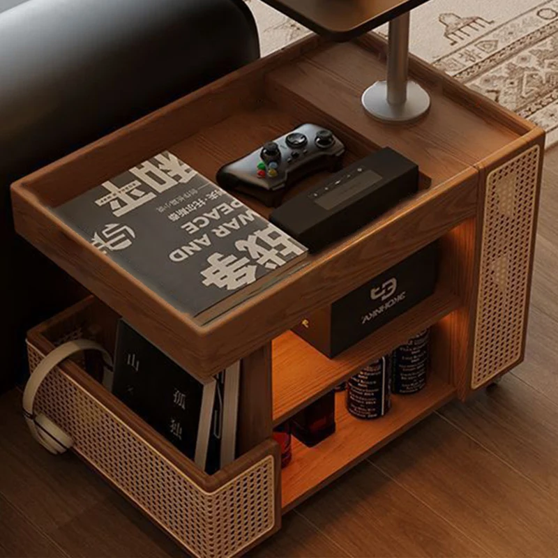 Contemporary Retro Eco-Friendly Engineered Wood PE Rattan Glass Bus-Shaped Rectangular Side Table With 5 Storage Cabinets And Lift-Top Design For Living Room And Bedroom