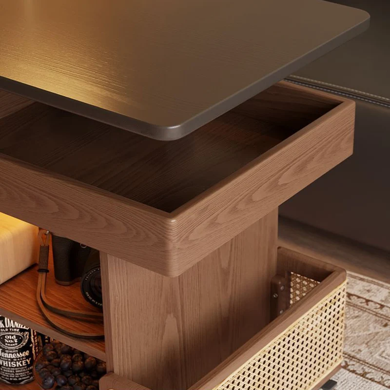 Contemporary Retro Eco-Friendly Engineered Wood PE Rattan Glass Bus-Shaped Rectangular Side Table With 5 Storage Cabinets And Lift-Top Design For Living Room And Bedroom