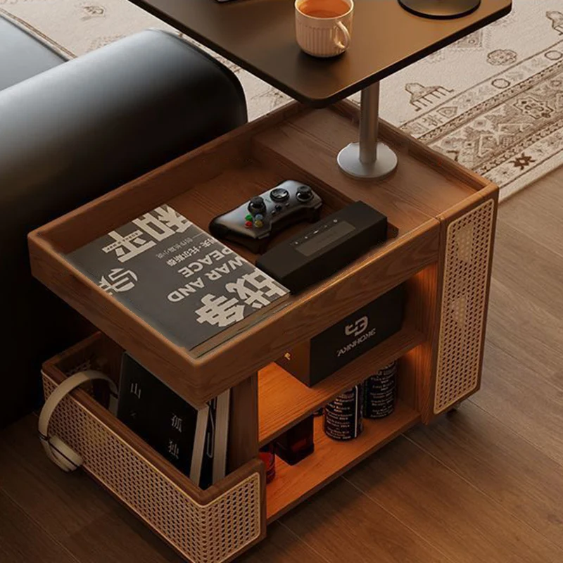 Contemporary Retro Eco-Friendly Engineered Wood PE Rattan Glass Bus-Shaped Rectangular Side Table With 5 Storage Cabinets And Lift-Top Design For Living Room And Bedroom