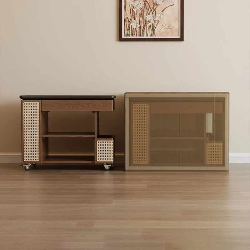 Contemporary Retro Eco-Friendly Engineered Wood PE Rattan Glass Bus-Shaped Rectangular Side Table With 5 Storage Cabinets And Lift-Top Design For Living Room And Bedroom