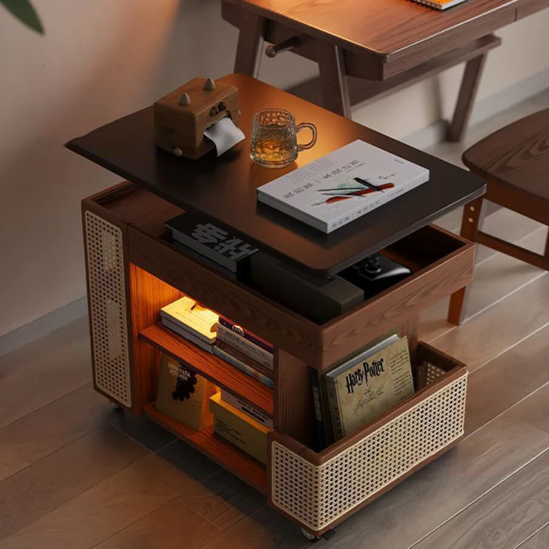 Contemporary Retro Eco-Friendly Engineered Wood PE Rattan Glass Bus-Shaped Rectangular Side Table With 5 Storage Cabinets And Lift-Top Design For Living Room And Bedroom