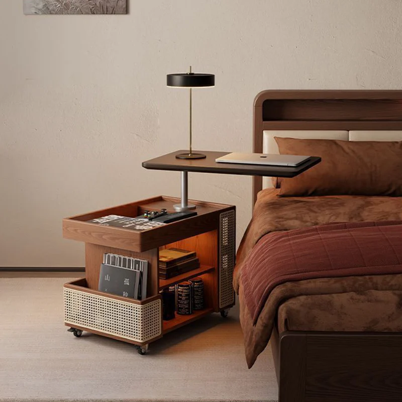 Contemporary Retro Eco-Friendly Engineered Wood PE Rattan Glass Bus-Shaped Rectangular Side Table With 5 Storage Cabinets And Lift-Top Design For Living Room And Bedroom