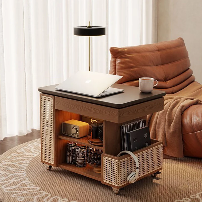 Contemporary Retro Eco-Friendly Engineered Wood PE Rattan Glass Bus-Shaped Rectangular Side Table With 5 Storage Cabinets And Lift-Top Design For Living Room And Bedroom