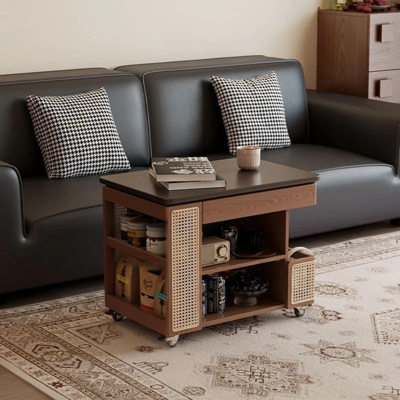 Contemporary Retro Eco-Friendly Engineered Wood PE Rattan Glass Bus-Shaped Rectangular Side Table With 5 Storage Cabinets And Lift-Top Design For Living Room And Bedroom